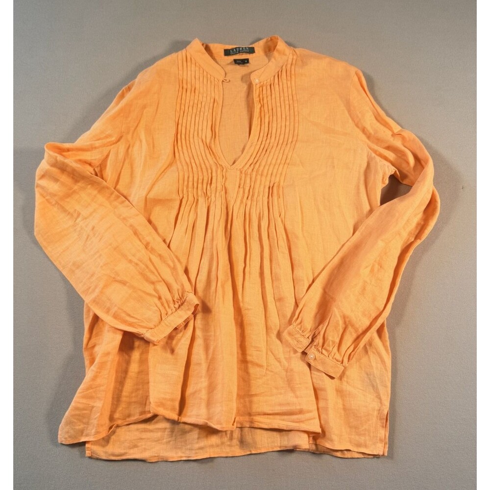 LAUREN Ralph Lauren 100% Linen Pleat Split Neck Tunic Orange BOHO Sz. MEDIUM
